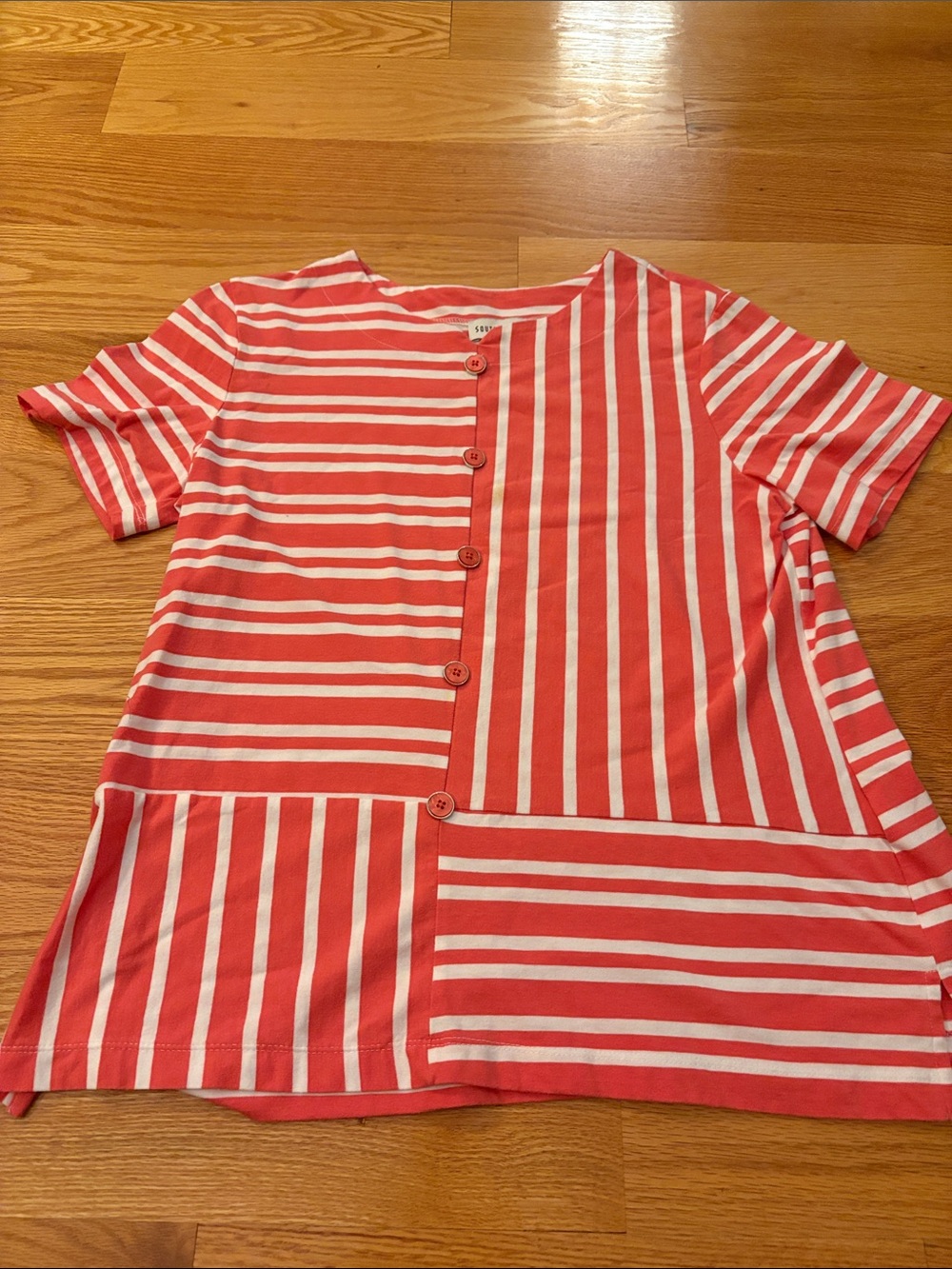 Southern Lady Coral and White Striped Short Sleeve Button Front Tee